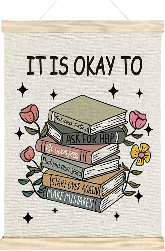 Nrleey It Is Okay to Mental Health Wall Decor with Wooden Poster Hanger - Therapy Office Decor, Inspirational Motivational Wall Art Posters for School Counselor Therapist Office, 12x16 Inch