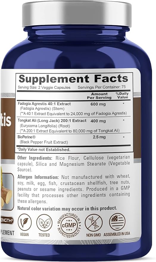 NusaPure Fadogia Agrestis 24,000mg + Tongkat Ali 80,000mg - 150 Veggie Caps - Non-GMO, Made in USA, Serving 2 VCaps, BioPerine