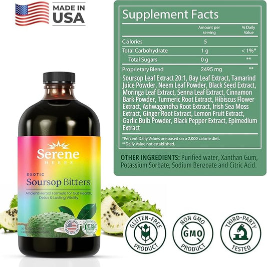 Soursop Bitters Liquid – Organic Herbal Detox with Black Seed, Moringa & Ginger by Serene Herbs – Supports Digestive Wellness & Immune Function – 16 fl oz