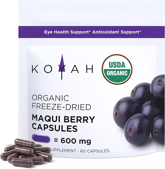 KOYAH Organic Maqui Berry Capsules - Freeze-Dried, Whole-Berry, 600 mg, Vegan, Gluten-Free, Non-GMO. Eye Health Support. Antioxidant Support. 60 Capsules