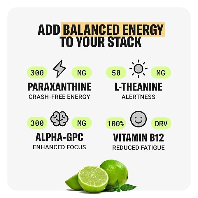 Drink Update Energy Drink with Paraxanthine - Jitter Free, Crash Free, No Overstimulation, No Withdrawal - Caffeine and Sugar Free (Lime, 12 Pack)