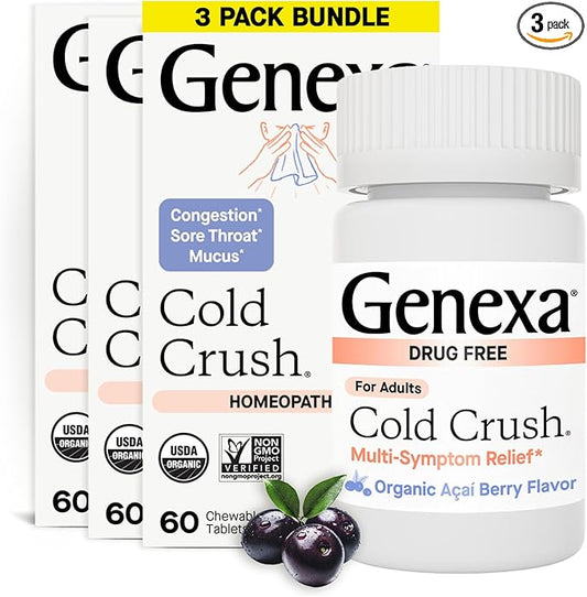 Genexa Cold Crush | Multi-Symptom Cough & Cold Relief for Adults | Delicious Organic Acai Berry Flavor | Certified Organic & Non-GMO | Homeopathic Remedy Made Clean | 180 Chewable Tablets (3 Pack)
