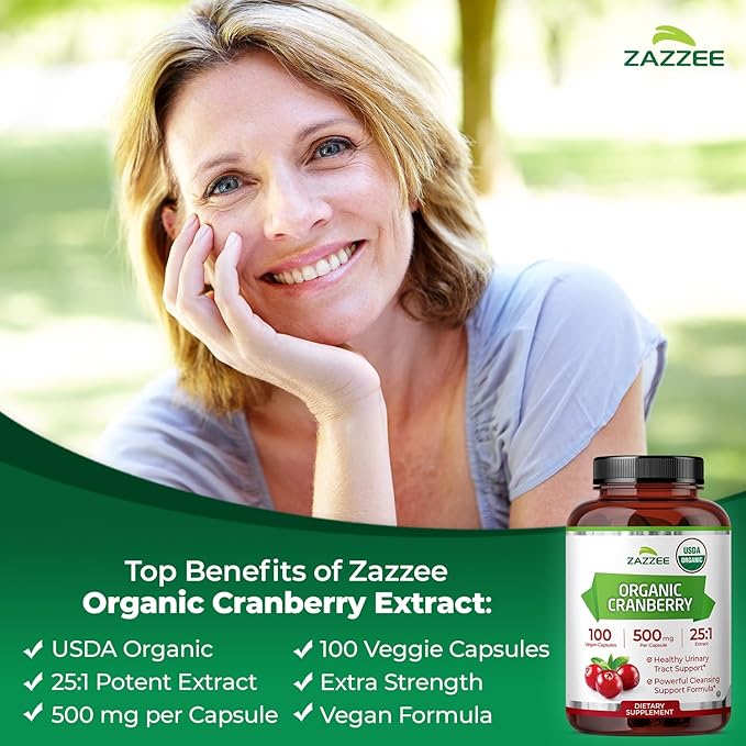 Zazzee USDA Organic Cranberry 25:1 Extract, 500 mg per Capsule, 100 Vegan Capsules, Over 3 Month Supply, Standardized, Concentrated 25X Extract, 100% Vegetarian, Certified Organic, Non-GMO All-Natural