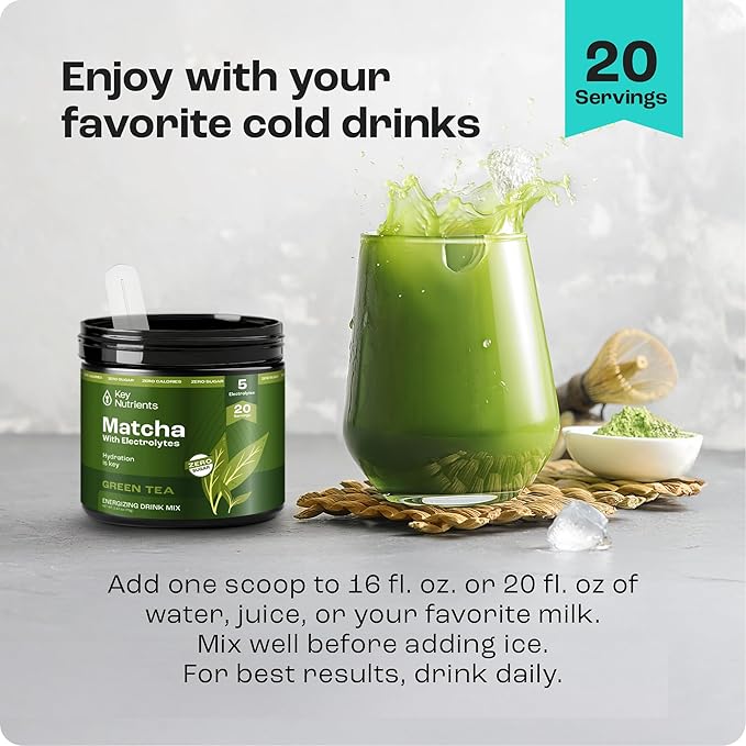 KEY NUTRIENTS Matcha Powder - Unsweetened Matcha Powder with Electrolytes for Hydration and Energy - Green Tea - No Sugar - Made in USA, 20 Servings