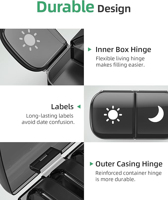 PULIV Extra Large Weekly Pill Organizer 2 Times a Day, One-Side Open Pill Box 7 Day for Easy Filling, Black Privacy Protection AM PM Pill Case for Vitamins, Medication, Supplements, Fish Oils Black