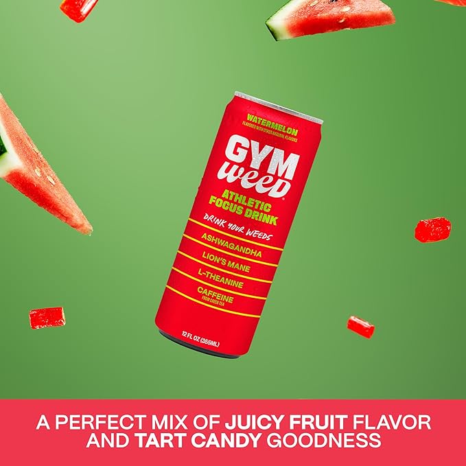 GYM WEED Athletic Focus Drink with KSM-66 Ashwagandha, Lion's Mane Mushroom, L-Theanine, 200mg Green Tea Caffeine with Natural Sweeteners Watermelon Flavor, 12 Pack