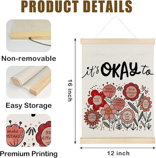 Nrleey It’s Okay to Inspirational Wall Decor with Wooden Poster Hanger - Therapy Office Decor, Boho Floral Mental Health Wall Art Posters for Counseling Therapist Office, 12x16 Inch
