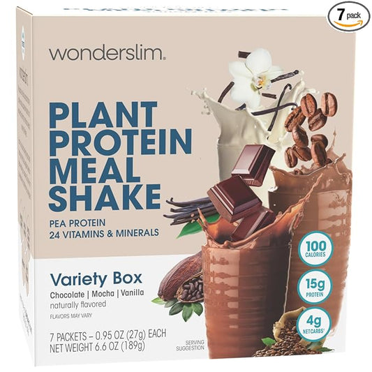 WonderSlim Plant Based Meal Replacement Shake, Variety Pack, 15g Protein, Keto Friendly & Low Carb, 1g Sugar or Less, No Gluten, Soy, or Dairy (7ct)