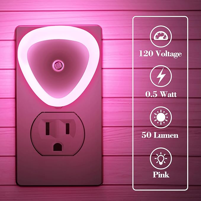 KINUR LED Night Light, 6 Pack Nightlights Plug into Wall, Dusk to Dawn Sensor Automatic On and Off Night Light, 0.5W Led Night Lamp for Kids, Nursery, Bedroom, Hallway, Stairs, Kitchen,Pink