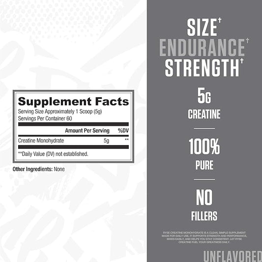 RYSE Creatine Monohydrate Powder - Unflavored - Supports Men & Women Lean Muscle Growth, Strength, Power, and Endurance - Helps Reduce Fatigue and Improve Workout Recovery - 60 Servings