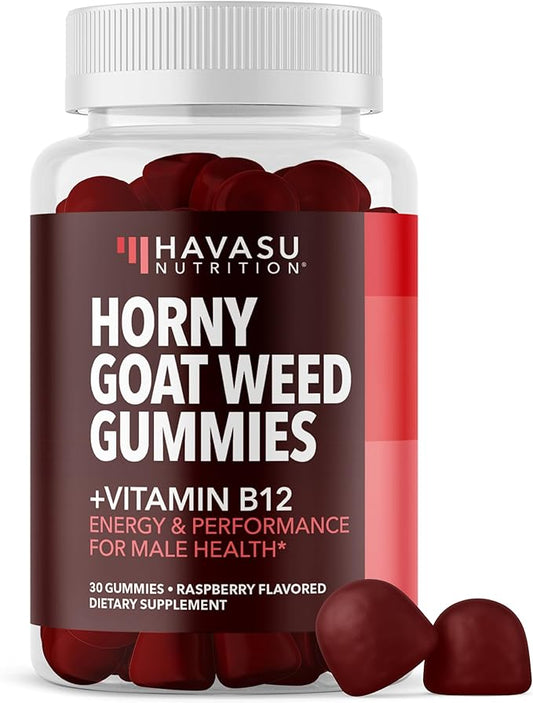 Horny Goat Weed Gummies with Vitamin B12 - Energy, Endurance & Performance Support for Male Health - 30 Count - Vegetarian-Friendly, Non-GMO, Pectin-Based - Raspberry Flavor, 15 Servings