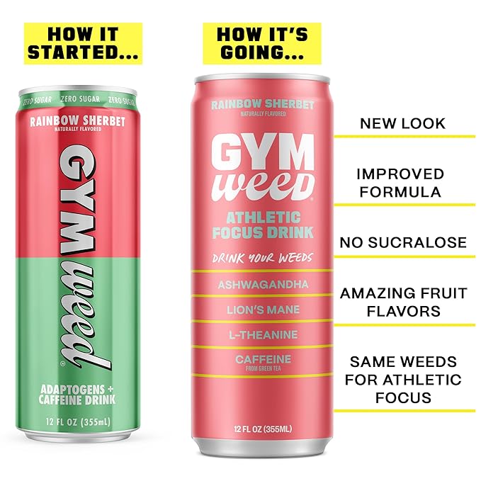 GYM WEED Athletic Focus Drink with KSM-66 Ashwagandha, Lion's Mane Mushroom, L-Theanine, 200mg Green Tea Caffeine with Natural Sweeteners Rainbow Sherbet Flavor, 12 Pack