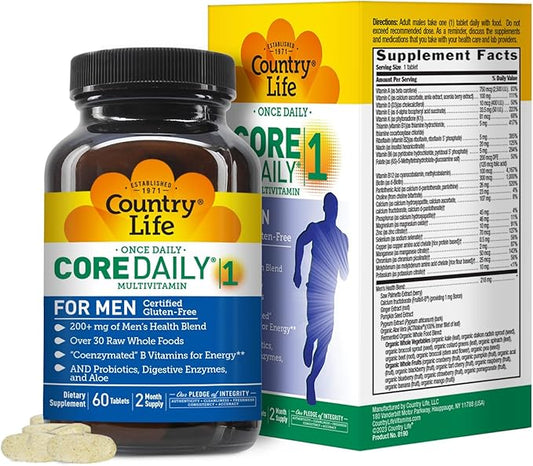 Country Life Core Daily-1 for Men - Multivitamin with Probiotics, Saw Palmetto, Pumpkin Seed Extract, and Coenzymated B Vitamins - Gluten-Free and Vegetarian - 60 Tablets