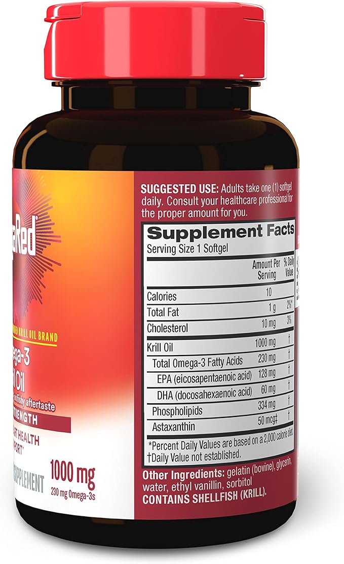 MegaRed Ultra Strength 1000mg Omega-3 Krill Oil Supplement with EPA/DHA, Astaxanthin & Phospholipids, No Fish Oil Aftertaste Supports Heart, Brain, Joint and Eye Health, 60 Count Softgels.