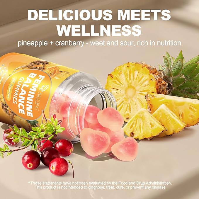 Premium Feminine Balance Gummies – 2 Pack, Probiotic + Enzyme Blend for Digestive, Hormone & PH Balance, Pineapple Flavor, 120 Gummies