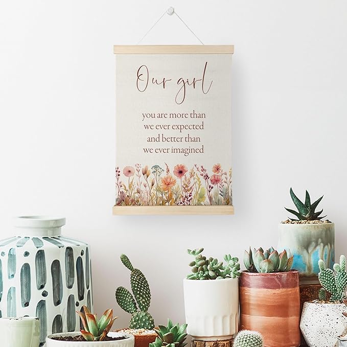 Nrleey Girl Nursery Wall Decor with Wooden Poster Hanger - Baby Girls Room Decor, Our Girl Inspirational Wall Art Posters for Toddler Little Girls Room Bedroom Playroom,12x16 Inch