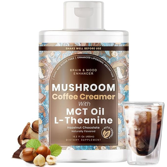 Mushroom Coffee Creamer with MCT Oil by Owl & Ox | L Theanine, Nootropic Superfood Blend, Vegan, Sugar Free, Dairy Free, Adaptogens, Plant Based & Keto Friendly, Hazelnut Chocolate Flavor, 30 Servings
