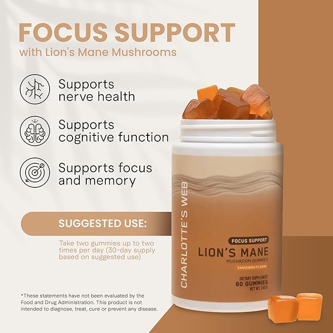 Charlotte's Web Focus Support Mushroom Gummies for Focus and Energy w/Lion’s Mane, Natural Cognitive Support Lions Mane Gummies for Adults — Tangerine Flavor (30 Servings)