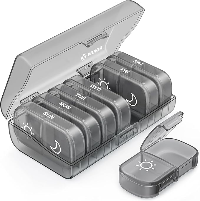 AUVON XL Weekly Pill Organizer 2 Times a Day, Pill Box 7 Day with One-Side Large Openings for Easy to Use, Gray AM PM Pill Case for Medication, Vitamins, Fish Oils, Supplements
