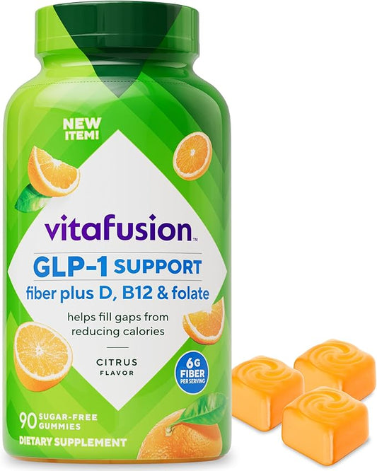 Vitafusion GLP-1 Support Fiber Plus Vitamins D, B12 and Folate Gummy Vitamins, Citrus Flavor, Sugar Free, 90 Count, 30 Day Supply