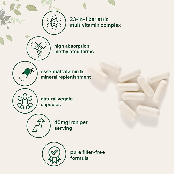 Micro Ingredients Bariatric Multivitamin with 45mg Iron, 240 Veggie Capsules | 23-in-1 Methylated Multivitamin with Vitamin D3, K2, Zinc & More | Post Bariatric Surgery Support | No Fillers, Non-GMO