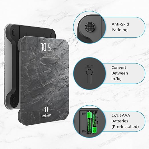 Digital Bathroom Scale, High Precision, with Step-On Technology, LED Display, Slim Design, Max. 180 kg/400 lb, Marbled Gray