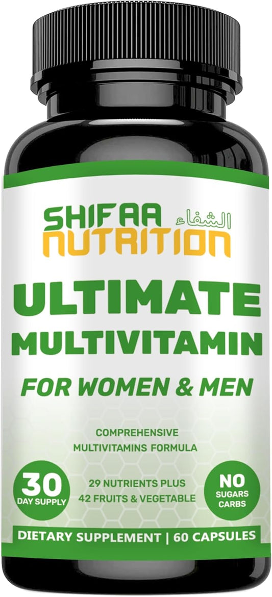 Halal Multivitamins for Women, Men & Adults, 30 Servings | Iron, Vitamin A, B6, B12, Biotin, Niacin, C, D3, E, Zinc, Calcium, Folic Acid, CoQ10 | Halal Vitamins