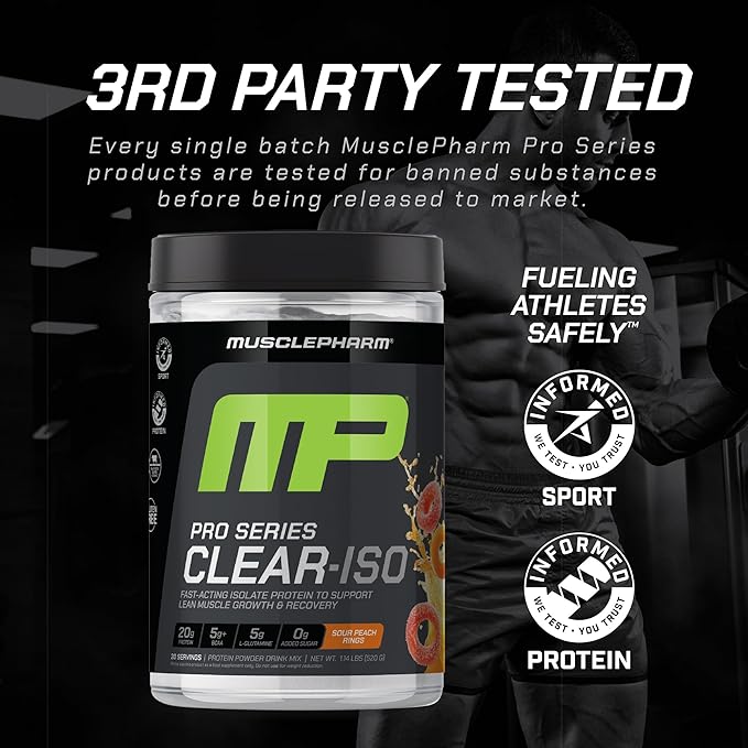 MusclePharm Pro Series Clear-ISO, Clear Protein Powder, 20g Fast-Acting Whey Isolate per Serving Plus BCAAs & L Glutamine | Pro-Grade Muscle Recovery & Growth | Sour Peach Rings, 1.14 lb, 20 Servings