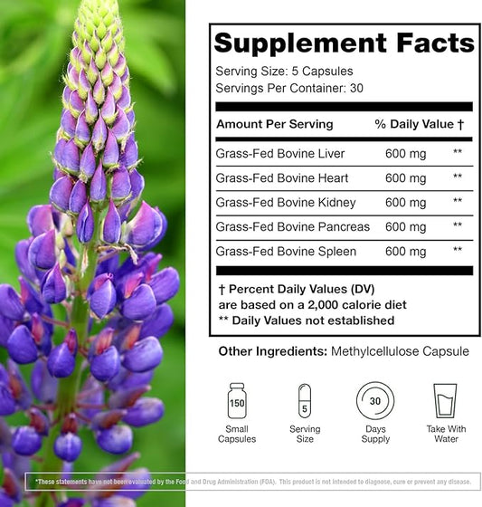 Grass Fed Beef Organ Supplement - Supports Whole Body Wellness 3000mg - with Desiccated Beef Liver, Heart, Kidney, Pancreas, Spleen - Organ Complex for Energy, Immune & Digestive Health (150 Capsules)