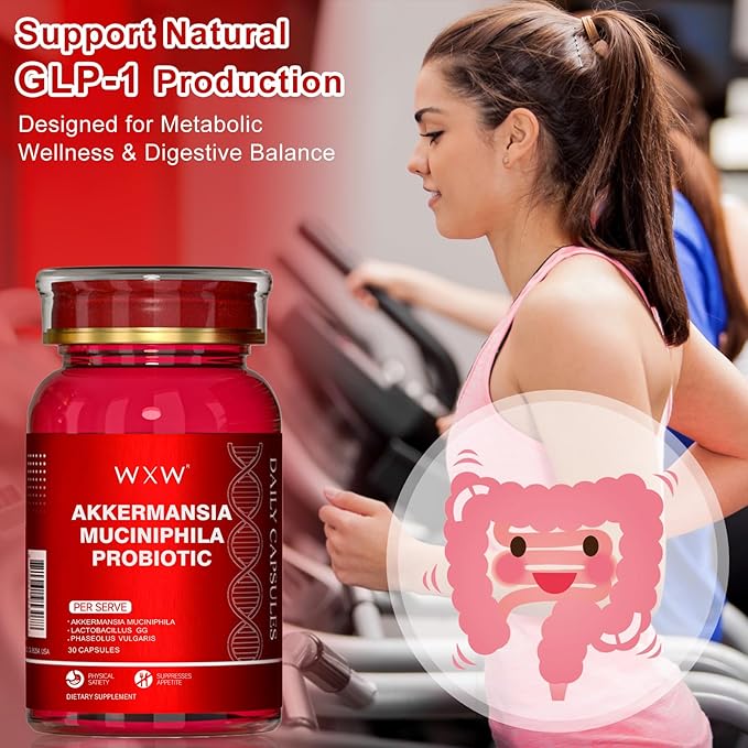 WXW Akkermansia Muciniphila Probiotic for Women and Men, Help GLP-1 Produce Naturally, Lactobacillus GG - Support for Metabolism Curb Cravings Digestive & Gut Health, 30 Capsules