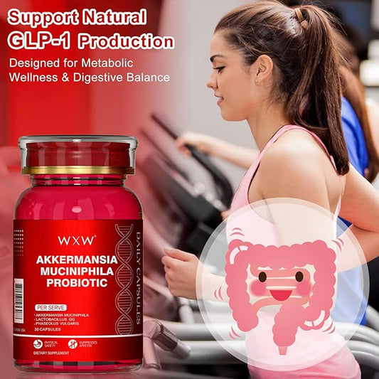WXW Akkermansia Muciniphila Probiotic for Women and Men, Help GLP-1 Produce Naturally, Lactobacillus GG - Support for Metabolism Curb Cravings Digestive & Gut Health, 30 Capsules