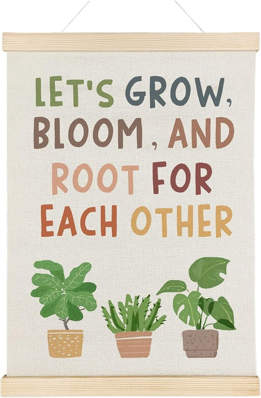 Nrleey Positive Affirmations Wall Decor with Wooden Poster Hanger - Boho Classroom Decor, Lets Grow Bloom Motivational Wall Art Posters for Classroom Playroom Homeschool, 12x16 Inch