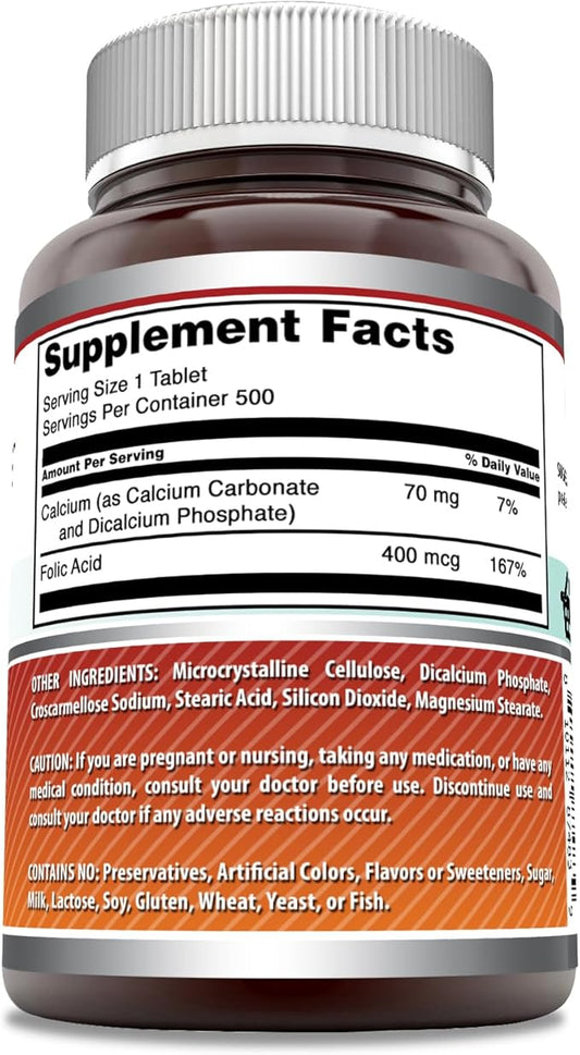 Amazing Formulas Folic Acid (Vitamin B9) 400 Mcg Supplement | 500 Tablets | Non-GMO | Gluten Free | Made in USA