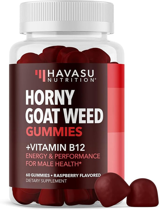 Horny Goat Weed Gummies with Vitamin B12 - Energy, Endurance & Performance Support for Male Health - 60 Count - Vegetarian-Friendly, Non-GMO, Pectin-Based - Raspberry Flavor, 1 Month Supply