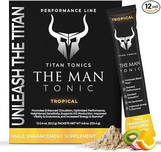 Male Enhancing Supplement Powder – Testosterone Supplement for Men with Tongkat Ali, Maca Root, Horny Goat Weed Powder, Beet Root & L-Citrulline – Nitric Oxide Enhancer (12 Stick Packs) - Tropical