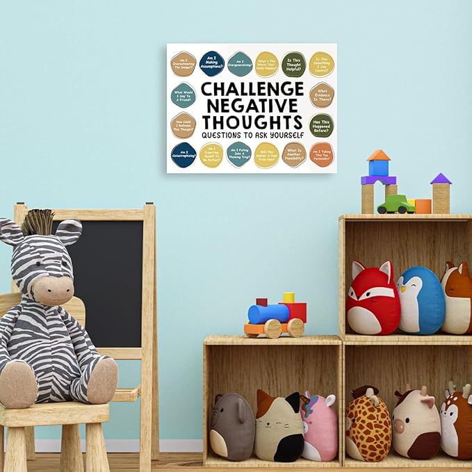 Mental Health Wall Decor,Challenge Negative Thoughts Wall Art,Therapy Office Wall Decor,Inspirational Canvas Wall Art for Classroom Psychologist Office Home
