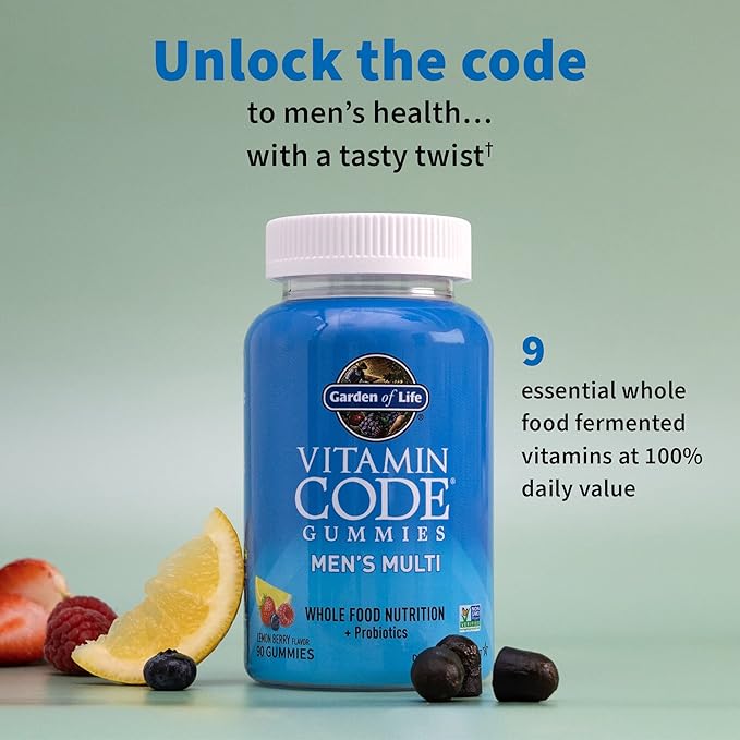 Garden of Life Men’s Multivitamin Gummy, Vitamins for Energy, Stamina & Stress, Probiotics for Digestive & Immune Health, Vitamin Code, Non-GMO, Gluten-Free, 90 Lemon Berry Gummies, 30 Day Count