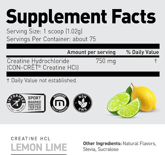 Kaged Creatine HCl Powder | Lemon Lime | Muscle Building & Recovery | Patented Creatine Hydrochloride Formula | Vegan, Gluten Free, Easily Digestible | Supplements for Men & Women | 75 Servings