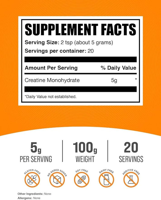 BulkSupplements.com Creatine Monohydrate Powder - Micronized Creatine Powder, Unflavored - Pure & Gluten Free, 5g (5000mg) per Servings, 100g (3.5 oz) (Pack of 1)