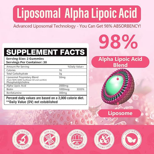 Liposomal Alpha Lipoic Acid Gummies 2000mg Gummies,High Potency ALA Complex Biotin & Benfotiamine for Antioxidant, Brain Health and Nerve* Support,Liposomal Enhance 98% Absorption