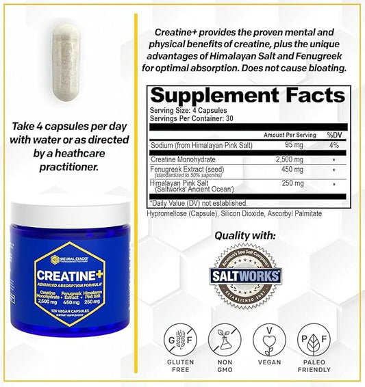 Creatine Monohydrate - 2500mg Creatine Pills - 450mg Fenugreek Extract & 250mg Himalayan Pink Salt - Supports Brain Health, Endurance & Muscle Building - Advanced Absorption Formula - 120 Capsules
