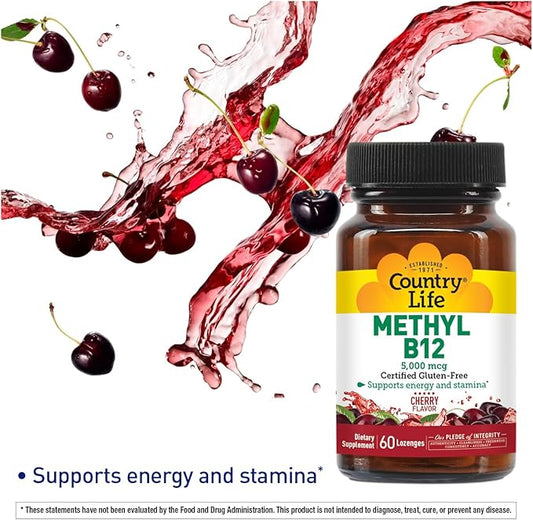 Country Life Methyl B12, Supports Energy & Stamina, 5,000mcg, 60 Lozenges, Certified Gluten Free, Certified Vegan, Certified Non-GMO Verified