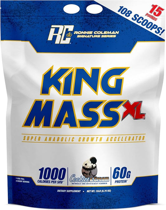 Ronnie Coleman Signature Series King Mass XL Mass Gainer Protein Powder, Muscle Gainer, 60g Protein, 180g Carbohydrates, 1,000+ Calories, Creatine and Glutamine, Cookies N' Cream, 15 Pound