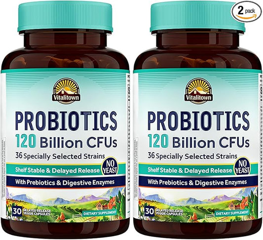 Vitalitown Probiotics 120 Billion CFUs | 36 Strains, with Prebiotics & Digestive Enzymes for Men Women | Shelf Stable | Digestive & Immune Support | Vegan | 60 Delayed Release Veg Caps