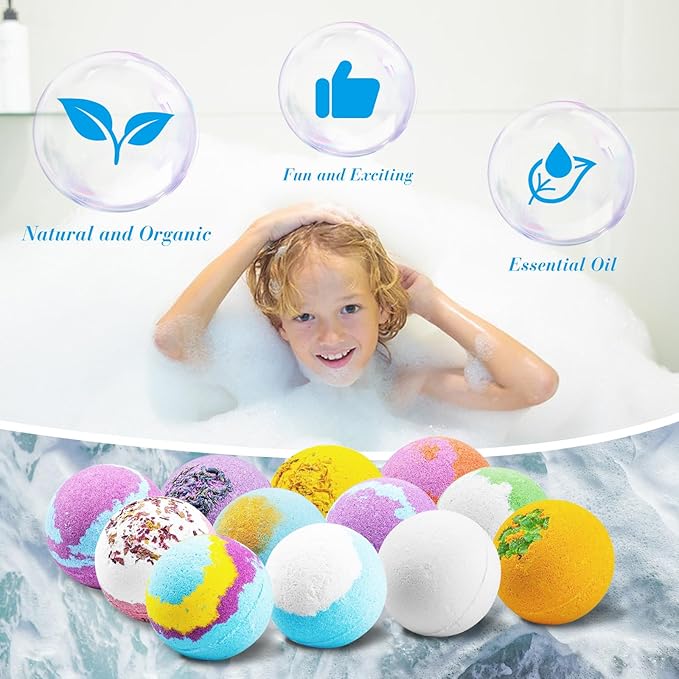 12Pcs Bath Bombs Gift Set, Fizzy Bubble Organic Bath Bomb for Kids Women Men, Handmade Natural Vegan Bath Bomb with Different Organic Essential Oils, Perfect for Bubble and Spa Bath