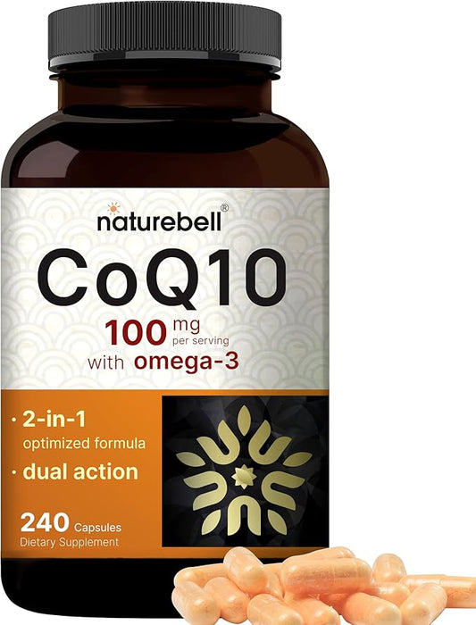 NatureBell CoQ10 100mg with Omega 3, 240 Capsules | Stable High Absorption Form – Antioxidant Support for Heart & Energy Health – Extra Strength Coenzyme Q10 Supplement
