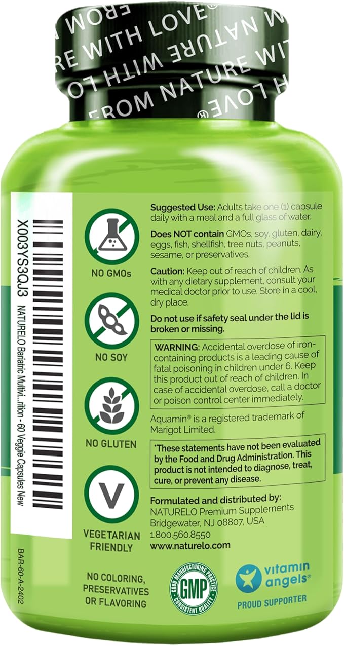 NATURELO Bariatric Multivitamin - One Daily with Iron - Supplement for Post Gastric Bypass Surgery Patients - Natural Whole Food Nutrition - 60 Veggie Capsules (Pack of 2)