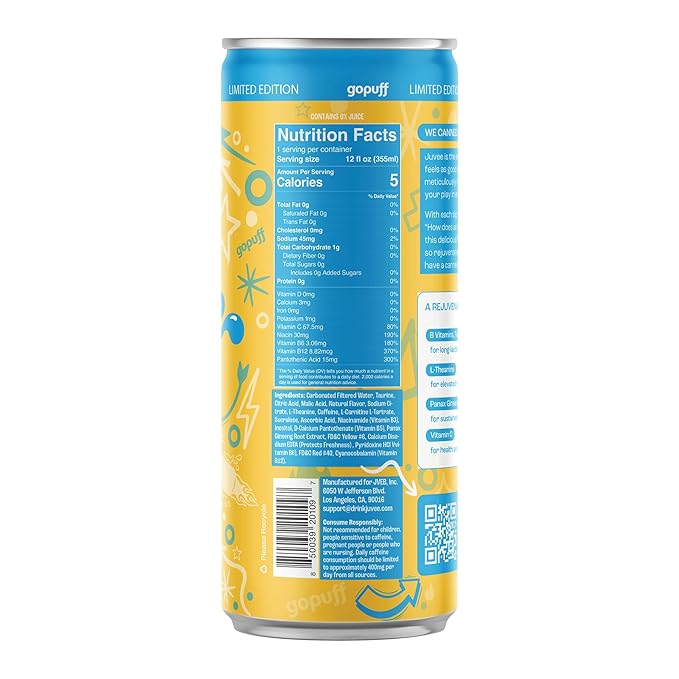 Juvee Rejuvenating Energy Drink. Sugar Free Energy Drinks. Taurine, Vitamin B12, Vitamin B6. 128 Mg Of Caffeine. L-Theanine For Mood Support. Panax Ginseng For Focus. Vitamin C For Immune Support. Gluten Free 12 oz - 12 Pack - Peachy Mangopuff
