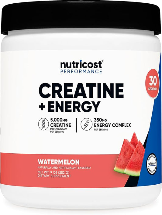 Nutricost Creatine + Energy 30 Servings (Watermelon Flavored) - 5,000mg Creatine Monohydrate + 350mg Energy Complex Per Serving