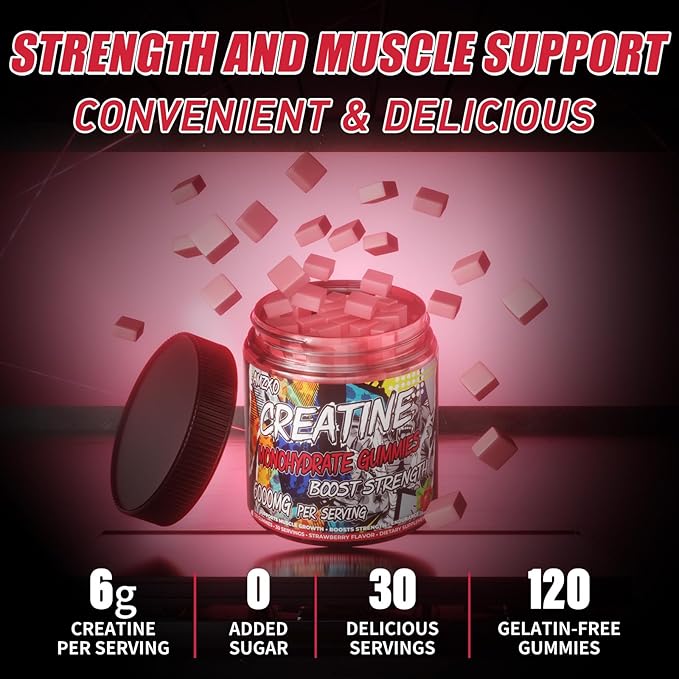 Creatine Monohydrate Gummies 6g for Men Women,Complex Creatine Monohydrate Chewable for Muscle Strength,Muscle Building,Energy Boost,Pre-Workout Energy Supplement,Vegan Strawberry - 120 Count